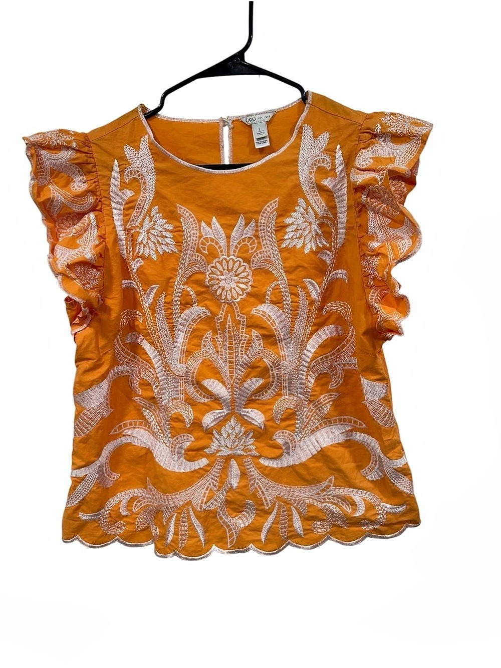Cato Floral Embroidered Ruffle Blouse in Orange Size Large